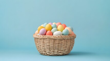 Naklejka premium Pastel easter eggs in wicker basket on light blue background for holiday celebration and decoration ideas