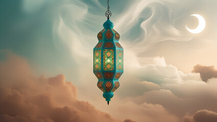 Obraz premium Minimalist Eid al-Adha design with green metal lantern, crescent and star elements, cloudy ring and foliage, calm and authentic