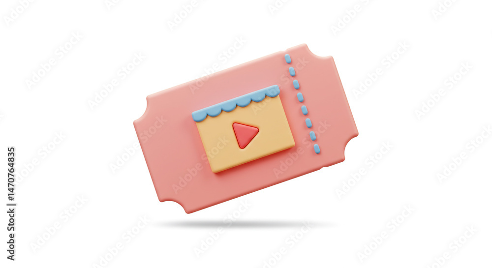 Poster a pink ticket with a yellow rectangle and a red play button on a white background in a studio shot