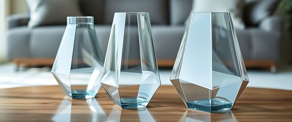 three glass vases sitting on a wooden table