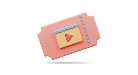 A pink ticket with a yellow rectangle and a red play button on a white background in a studio shot