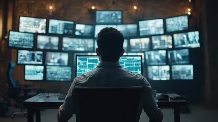 A person monitoring multiple security screens in a control room.