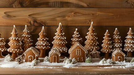 A whimsical display of gingerbread trees and houses dusted with powdered sugar, evokes a cozy winter holiday spirit. The warm wooden backdrop adds a rustic touch to the sweet, homemade scene. - Powered by Adobe