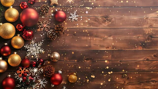 Overhead shot on a wooden surface. There are many ornaments along the left-hand side with pine cones and snowflakes. The rest of the surface is open with glittery sparkling stars.
