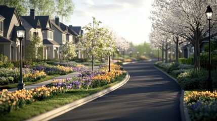 Obraz premium Spring Street, Suburban Homes, Blooming Flowers, Sunny Day, Real Estate