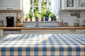 Cozy bright kitchen with natural light through window, plants on windowsill, checkered blue and white tablecloth on central table, clean and organized space