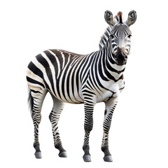 Closeup of a young zebra highlighting its unique stripes in Africas wild landscape during daylight, Young beautiful close up zebra Africa animal isolate die cut stand on transparent background in zoo