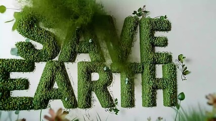 Save Earth message formed with lush green grass and plants, promoting environmental awareness