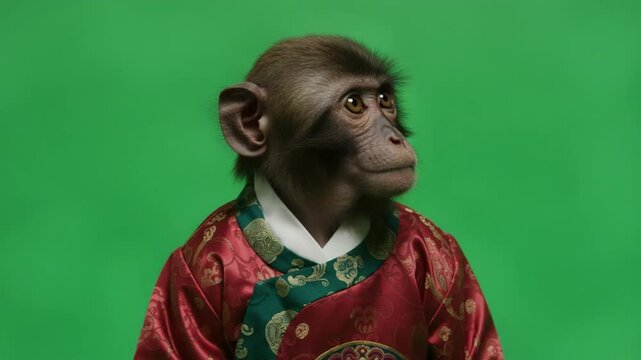Pensive monkey portrait in traditional garment on green background