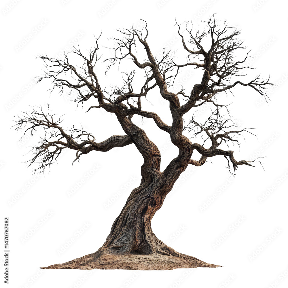 Poster lonely old tree with twisted branches isolated against a transparent background, old tree isolated o