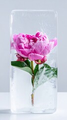 Obraz premium Pink peony encased in clear ice block on white background