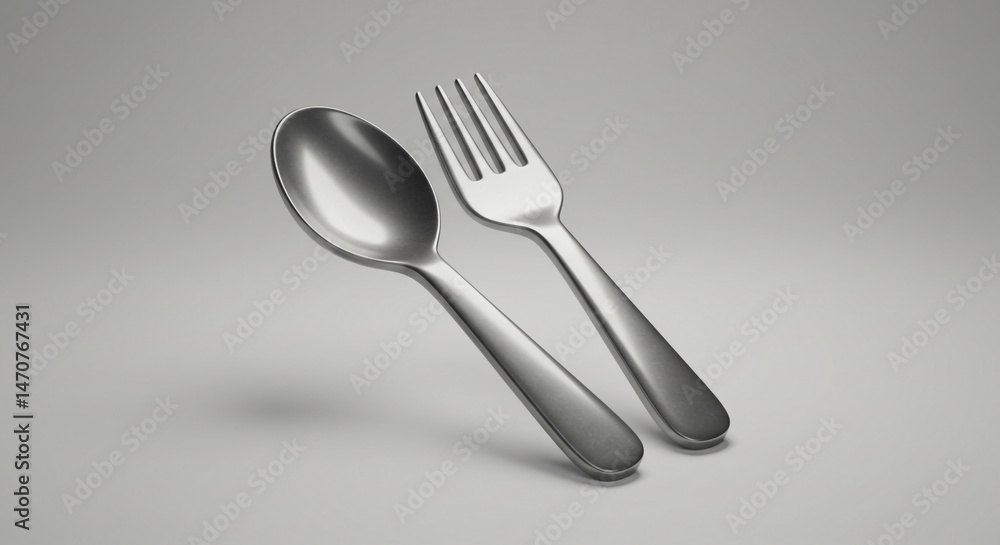 Poster a close up of a silver spoon and fork on a plain background with soft lighting and subtle shadows