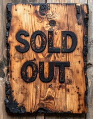 Burnt wooden sign with sold out text on rustic background