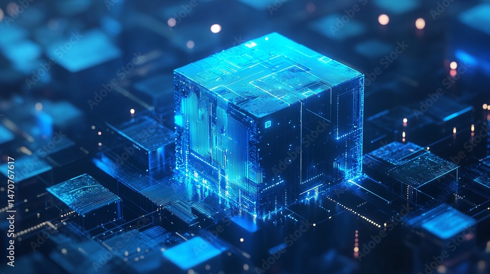 Aufkleber abstract blue digital cube technology network system data 3d web art glow light future design energy