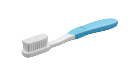 A close up of a blue and white toothbrush on a white background in a studio setting isolated