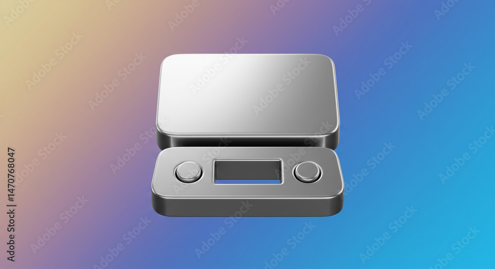Poster a close up of a silver digital scale with buttons on a colorful gradient background design style