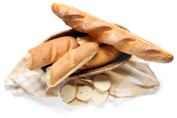 Wicker bowl with fresh baguettes on white background