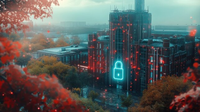 Modern building surrounded by trees with a glowing digital lock icon and red data points symbolizing cybersecurity or data protection in a misty atmosphere