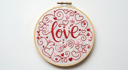 A delicate embroidery hoop with a love floral pattern stitched in bright threads, positioned in the center, isolated white background,
