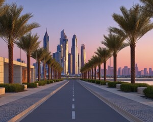 Stunning sunset illuminating modern city skyline, lush palm trees, exotic urban landscape - seamless abstract background