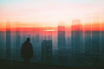 Fototapeta premium Silhouette of a person gazing at a vibrant sunset over a city skyline.