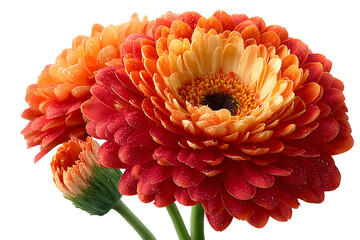 Closeup of vibrant orange and red gerbera daisies with water droplets