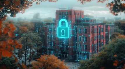 A modern brick building surrounded by autumn trees displaying a digital glowing padlock overlay symbolizing security and protection in a cyber environment