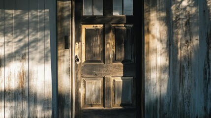 An old weathered wooden door is shown in the sunlight