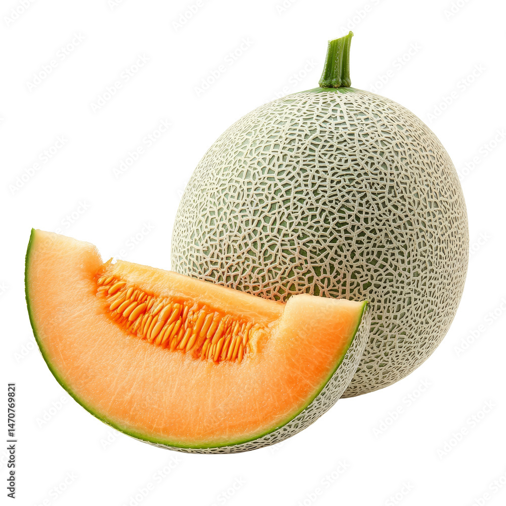 Poster fresh cantaloupe melon with a slice on a transparent background showcasing its vibrant orange flesh 