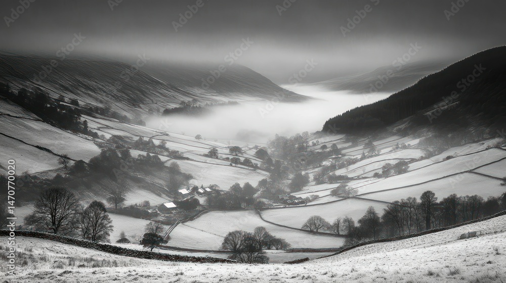 Poster a monochrome landscape showing a valley with misty atmosphere and fields