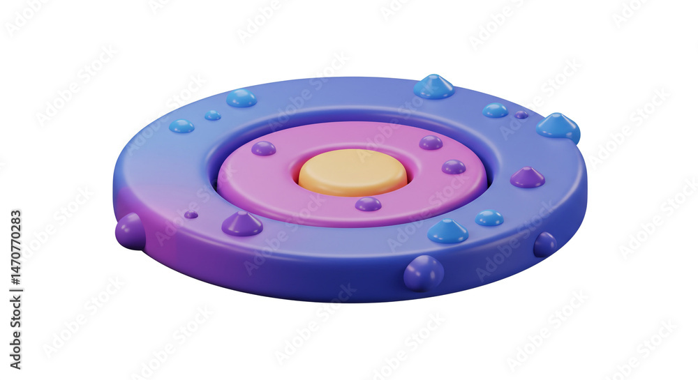Poster A stylized rendering of a circular object with concentric rings and spherical decorations around it