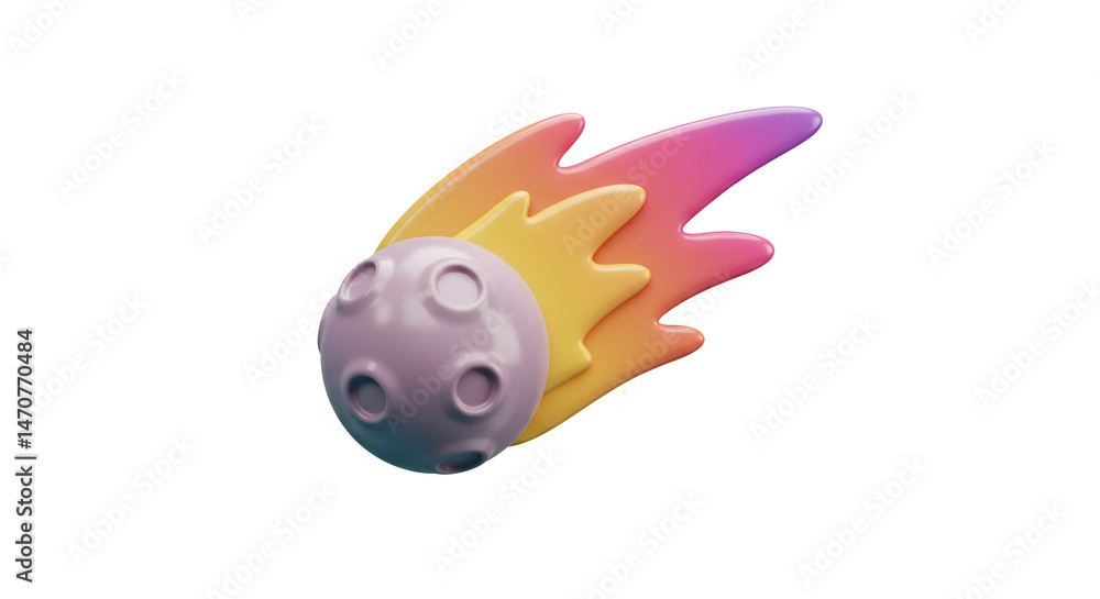 Poster a stylized rendering of a meteor with a colorful tail on a plain white background space theme