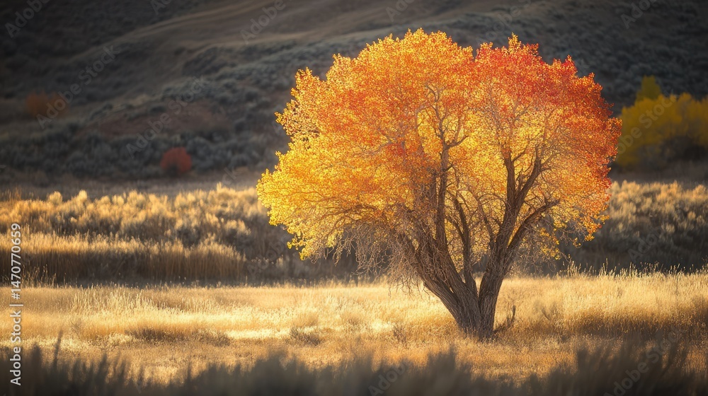 Poster a large tree with vibrant autumn colors in a field