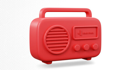 A vibrant red retro radio with a handle and speaker on a white background in a minimalist style