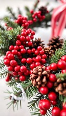 Fototapeta premium close up of a christmas wreath with pine cones and berries