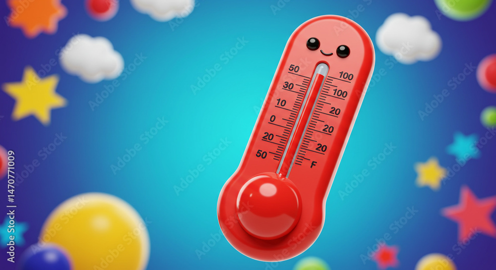 Poster a cartoon thermometer with a smiling face surrounded by colorful shapes on a blue gradient backgroun