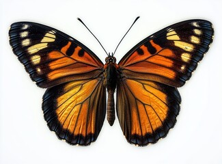Obraz premium Close-up of a vibrant butterfly with orange, black, and white patterned wings spread out symmetrically on a white background