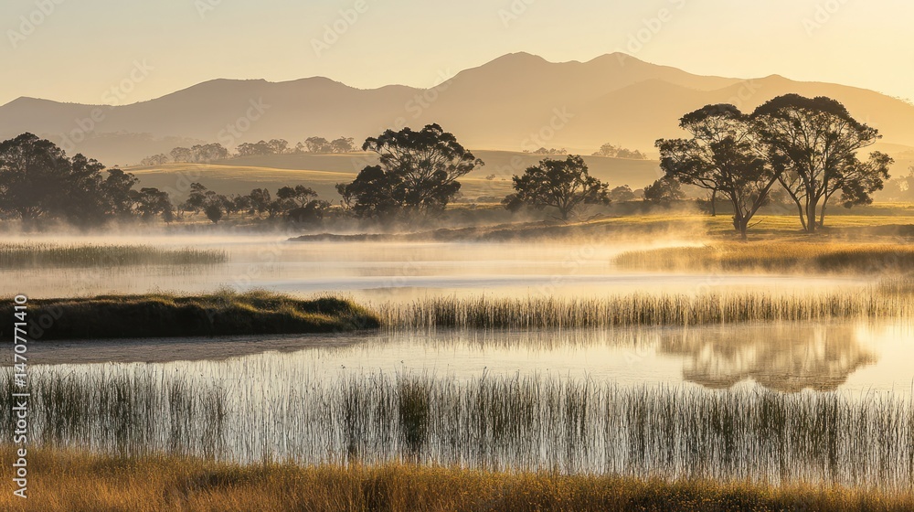 Poster golden light illuminates a misty lake with trees and distant mountains