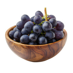 Fototapeta premium Fresh blue grapes in a wooden bowl on a transparent background for healthy snacking ideas, blue grape in wood bowl isolated on transparent background