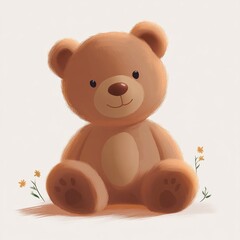 Cute smiling teddy bear sitting with small yellow flowers on both sides against a light background