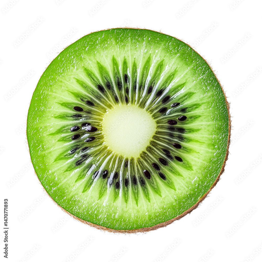 Poster freshly sliced kiwi fruit showcasing vibrant green color and unique texture on a clean transparent b