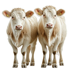 Twin heifers standing together, pristine agricultural imagery,isolated bovine livestock