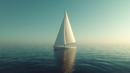 Fototapeta premium Solitary white sailboat on a calm sea at dawn.