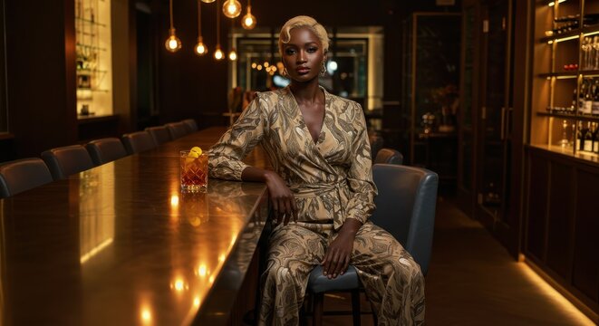 Woman in patterned outfit sitting at upscale bar with cocktail