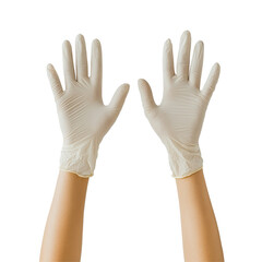 Hands wearing medical gloves raised against a plain transparent background for health and safety illustration, Hands Wearing Medical Gloves on transparent background
