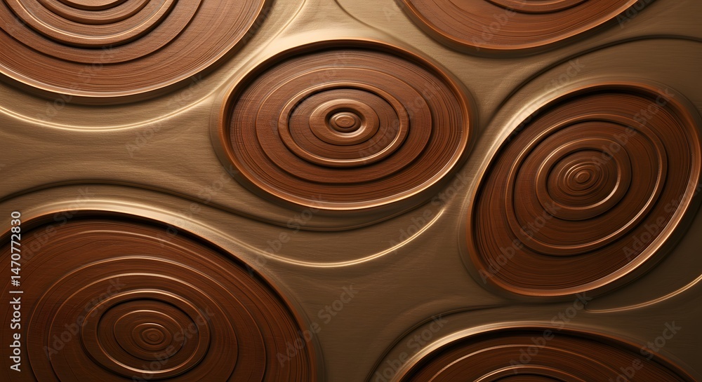 Poster abstract concentric brown circles, seamless texture with metallic undertones, creating a captivating