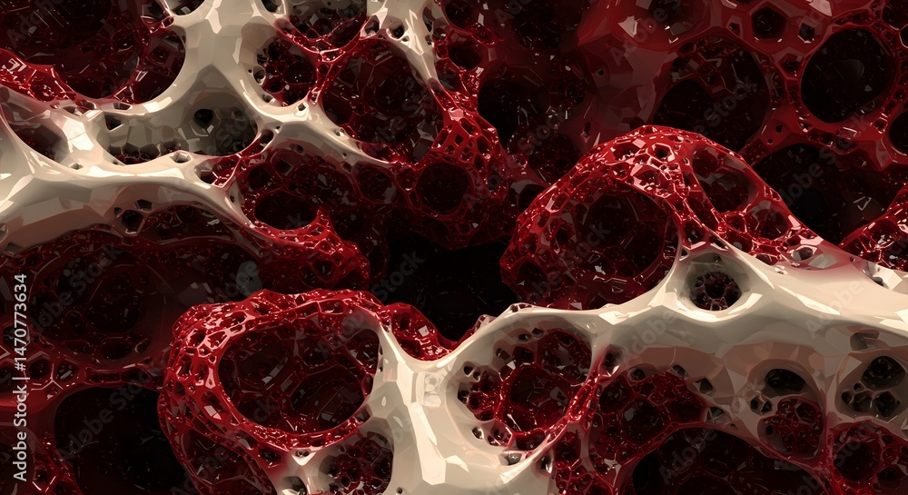 Poster abstract cellular macro texture in dark red and beige palette, resembling biological or geological f
