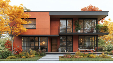 Modern terracotta house autumn foliage