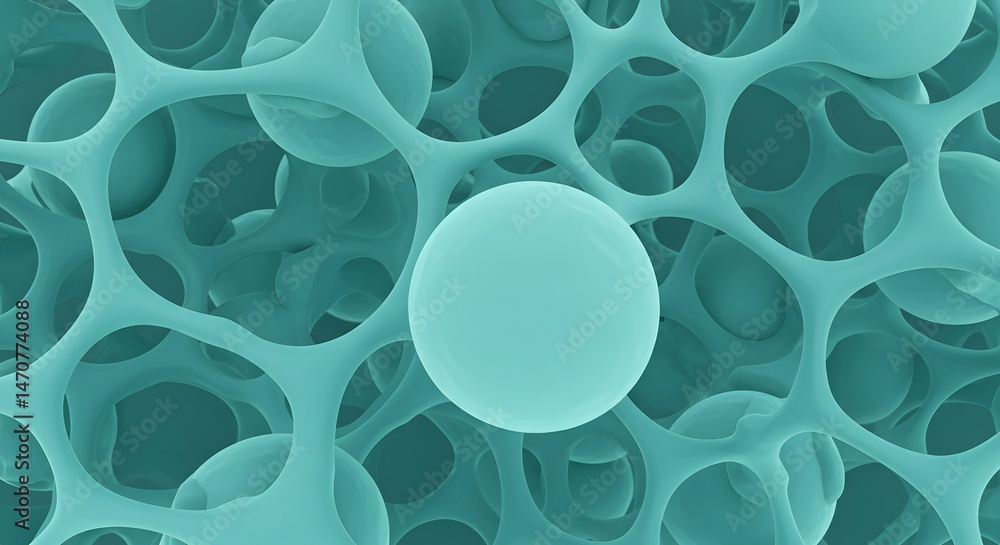 Poster intricate teal cellular structure with a central sphere, showcasing organic interconnectedness and s