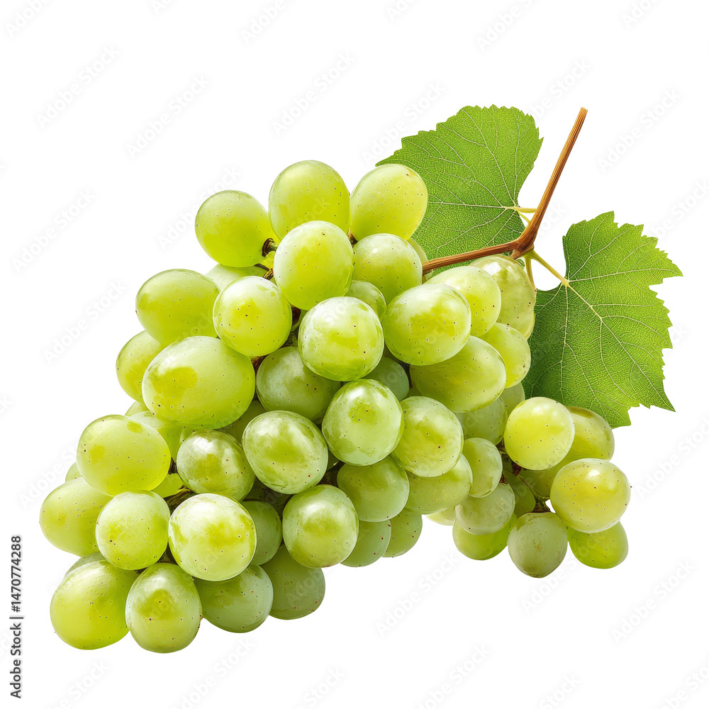 Poster fresh green grapes clustered with leaves on a transparent backdrop, showcasing vibrant color and tex
